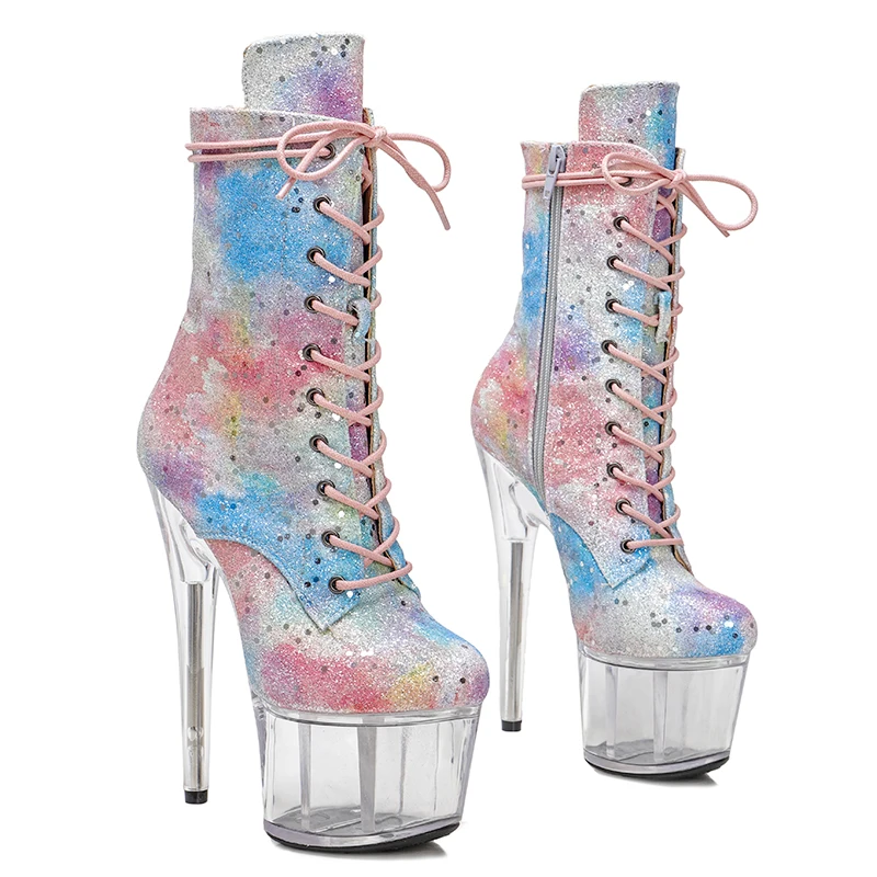 Leecabe 17CM/7inches Glitter upper  Pole dancing shoes High Heel platform Boots Pole Dance boot