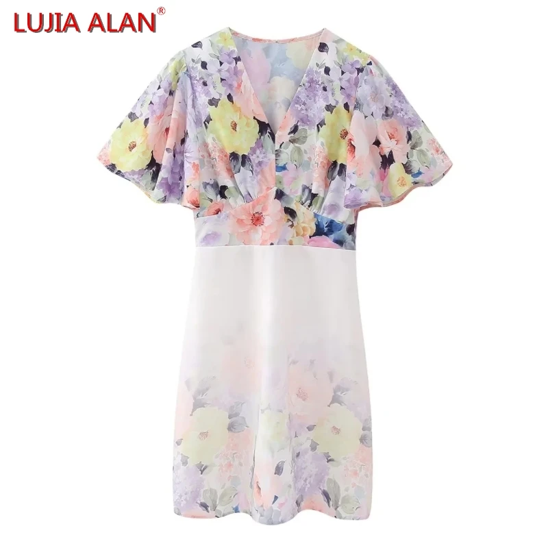 

Summer New Women Flower Printed Mini Dress Female Casual V-neck Flare Sleeve Slim Vestidos LUJIA ALAN WD2865