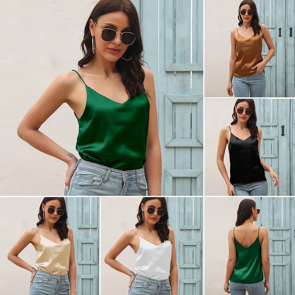 

Summer Fashion V-Neck Sexy Solid Silk Satin Camis Tank Tops Women Sleeveless Camisole Top Plus Size Backless Halter Camis Tops