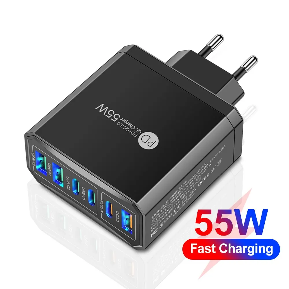 55W PD USB Charger Fast Charging 6 Ports Quick Charge 3.0 Travel Charger For iPhone Samsung Huawei Xiaomi Mobile Phone Charger