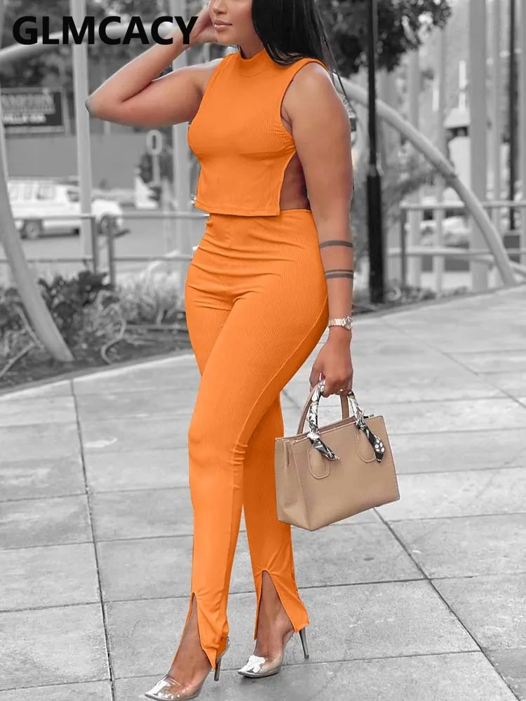 

Women Two Piece Elegant Suits Sleeveless Chic Tops & Slim Pants Set