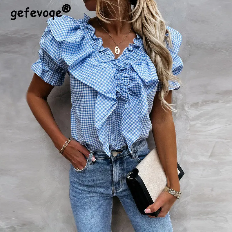 

Women Ruffles V-Neck Short Sleeve Sexy Backless Slim Casual Shirts Summer Fashion Vintage Plaid Print Ladies Elegant Blouse Tops