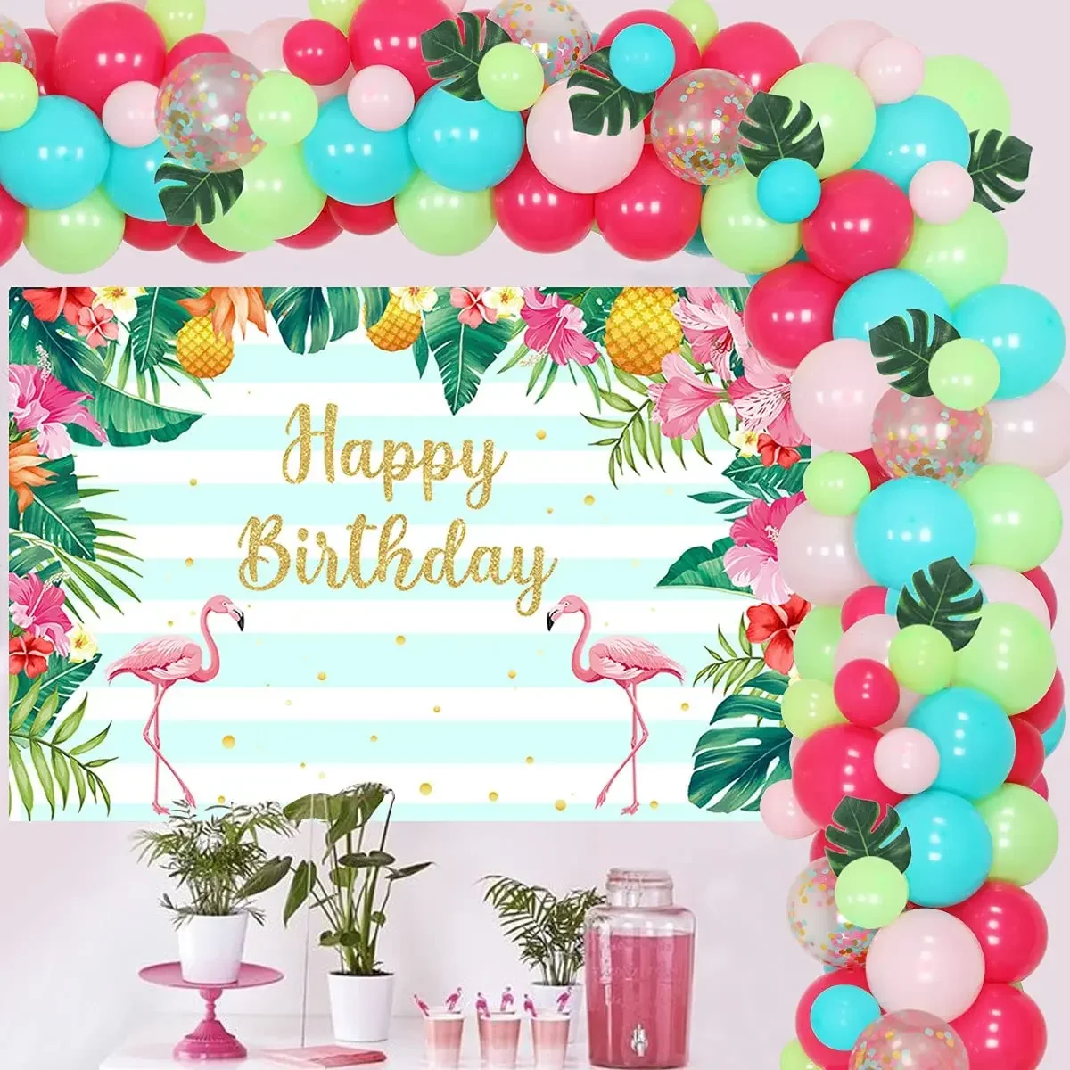 

Flamingo Birthday Party Decorations Balloon Garland Kit with Flamingo Backdrop Palm Leaves for Hawaii Luau Party Supplies