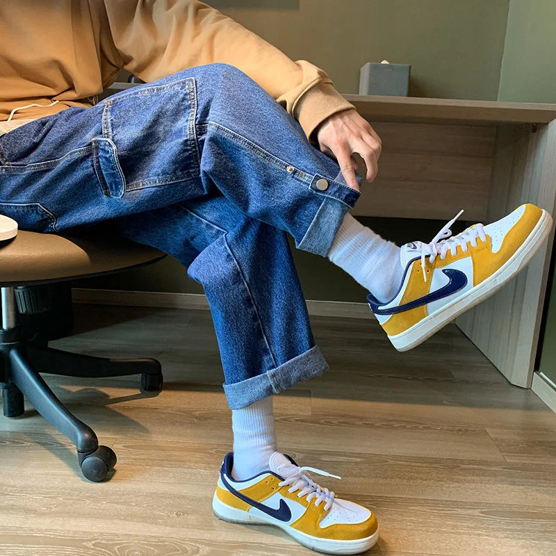 Blue Black Pocket Cargo Jeans Men Fashion Casual Wide Leg Jeans Men Streetwear Loose Hip Hop Straight Denim Pants Mens Trousers