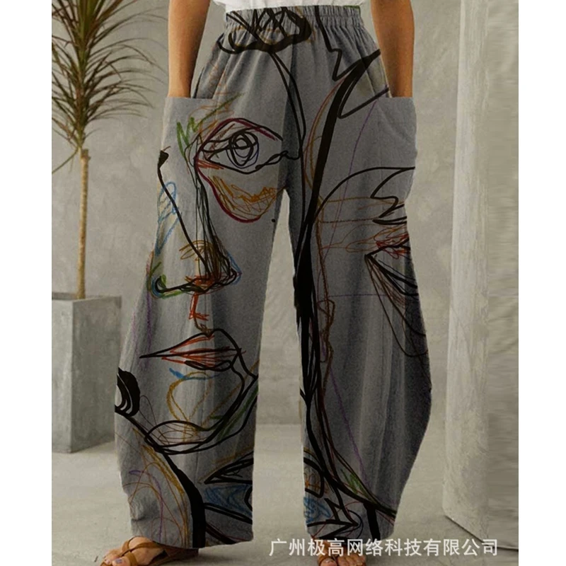 Women Loose Wide Leg Pants Fashion Casual Spring Summer Trousers Full Lengh Dress Figure Print High Waist Pants