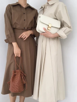 Chic Autumn Midi Shirt Dress Ladies Button Turndown Neck Slim Belt A-line Casual Dress Female Streetwear Women Elegant Clothes 1