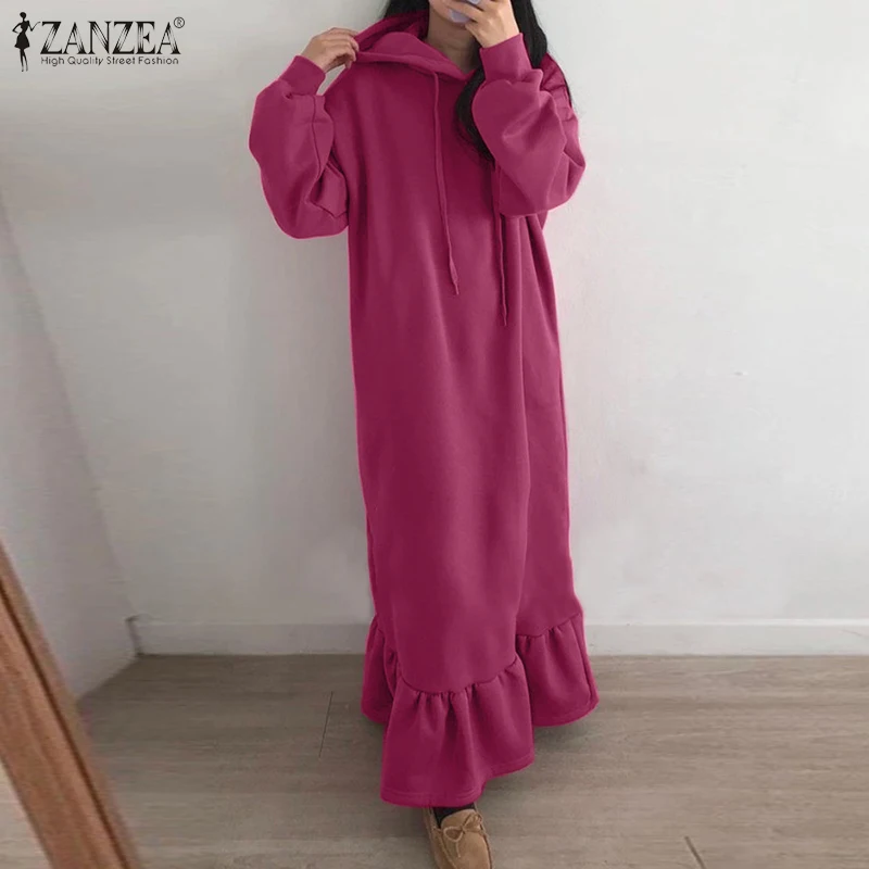 

Oversized Long Sleeve Sundress Autumn Solid Maxi Sweatshirt Dress Women ZANZEA Elegant Hooded Ruffle Vestidos Female Beach Robe