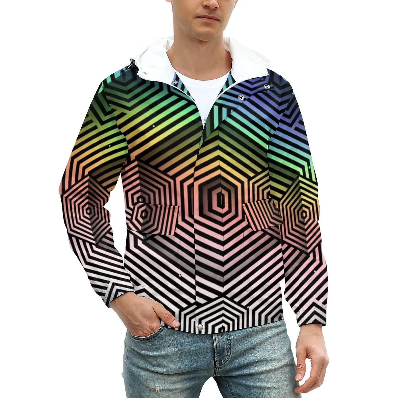 

Куртка мужская оверсайз с геометрическим принтом, повседневная непромокаемая Классическая верхняя одежда в уличном стиле, с защитой от вет...