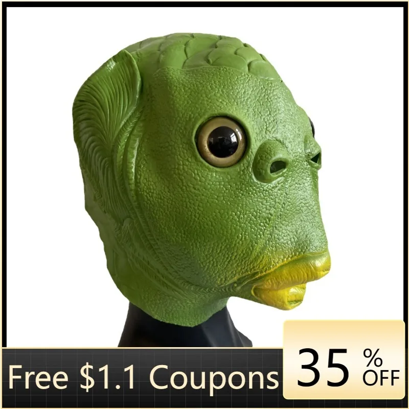 

Spot Halloween Tk Online Celebrity Same Green Fish Head Headgear Animal Party Supplie Man Mask Funny Trick Sand Carving Headgear