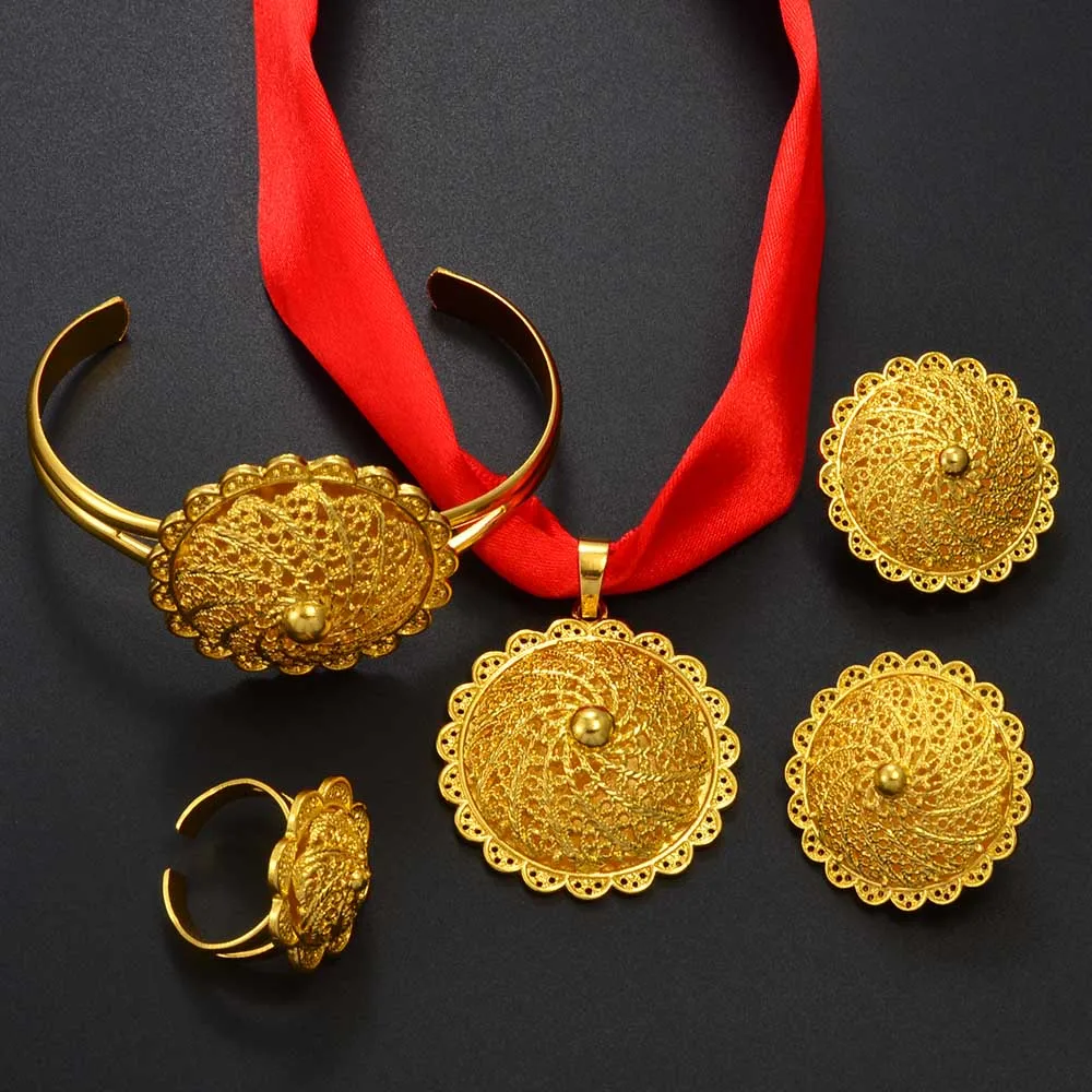 

Anniyo Eritrean Ethiopian Jewelry Sets Necklaces Earrings Ring Bangles for Women African Weeding Dowry #313006
