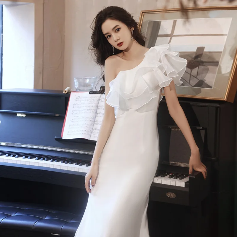 

Sexy One Shoulder Ruffles Sleeveless Bodycon Dress Prom Wedding Evening Party Dress Women Elegant White Mermaid Dress 2022