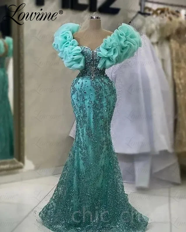 Mint Green Arabic Party Dress Aso Ebi Sequined Crystals Prom Dresses ...