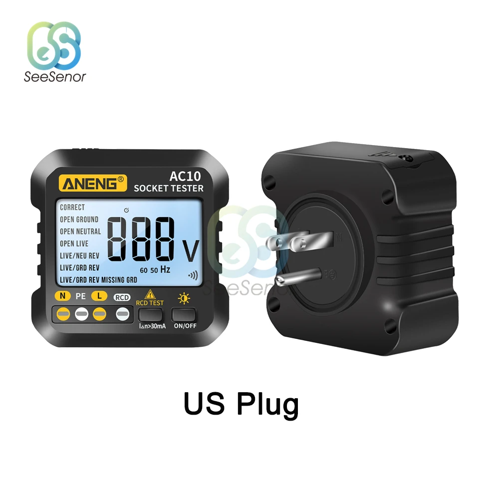 

Умный детектор напряжения для розеток AC10, устройство для проверки заземления с нулевой линией, диапазон полярности 30 мА, вилка стандарта США, ЕС