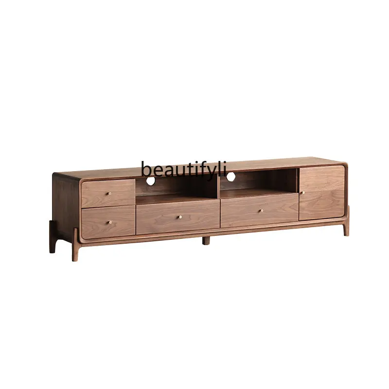

Black Walnut TV Stand Tea Table Combination Solid Wood Light Luxury Living Room Storage Floor Cabinet