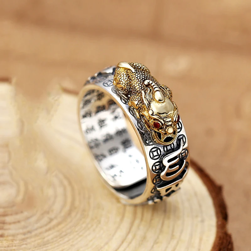 

Chinese Feng Shui Pixiu Ring Silver Plated Copper Coins Adjustable Rings for Women Men Amulet Wealth Lucky Jewelry Birthday Gift