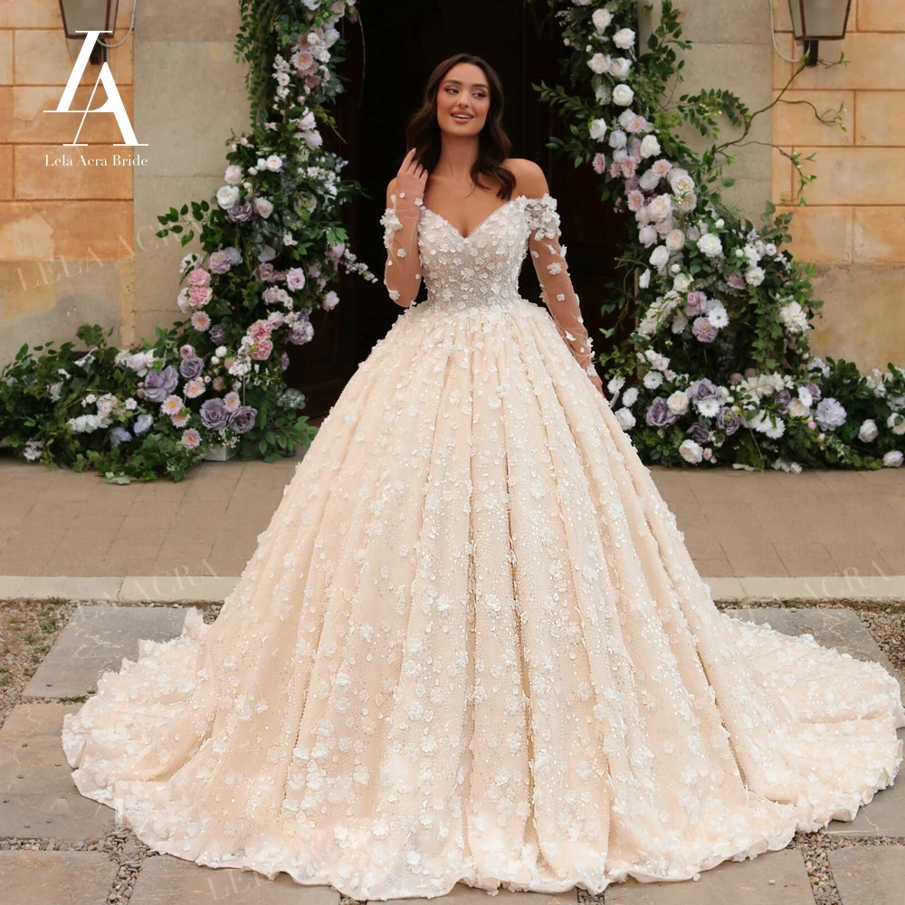 

Женское свадебное платье с длинным рукавом LelaAcra, романтическое бальное платье с 3D цветами, украшенное бусинами, принцессы невесты, модель VL230, 2024