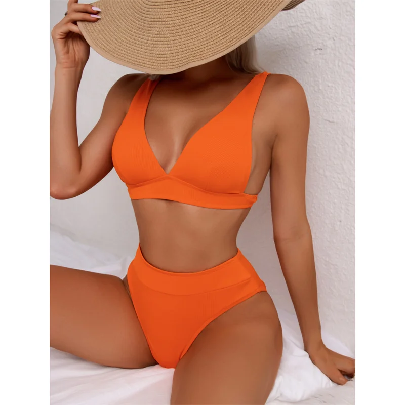 

Бикини пуш-ап женское однотонное в рубчик, с высокой талией