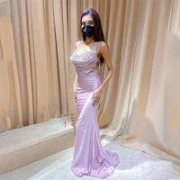 pink evening dresses gowns mermaid sweetheart beading 2022 luxury spaghetti strap elegant sexy for women party