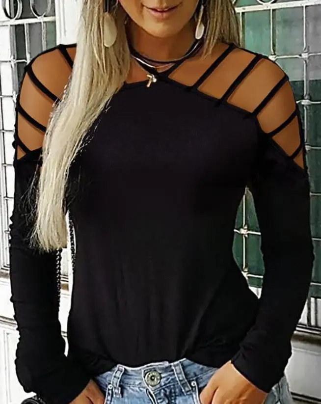 

New Casual Halter Neck Ladder Cut Out Casual Top Fashion Cold Shoulder Long Sleeve Tees