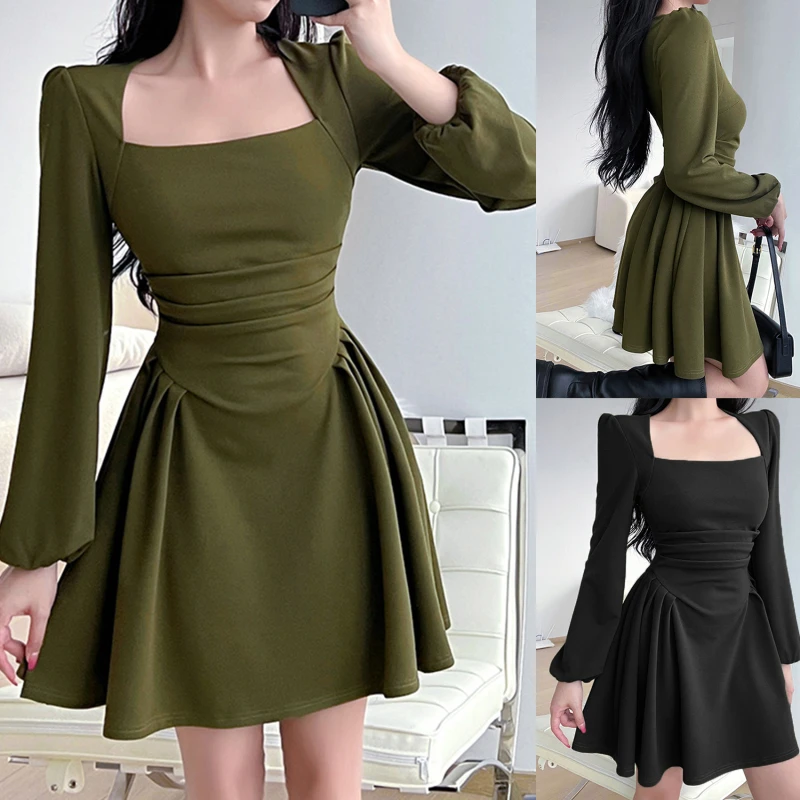 

Elegant Puff Sleeve Women Dress Vintage Square Collar Corsets Folds Ladies A-line Mini Dresses 2023 Spring Summer Female Vestido