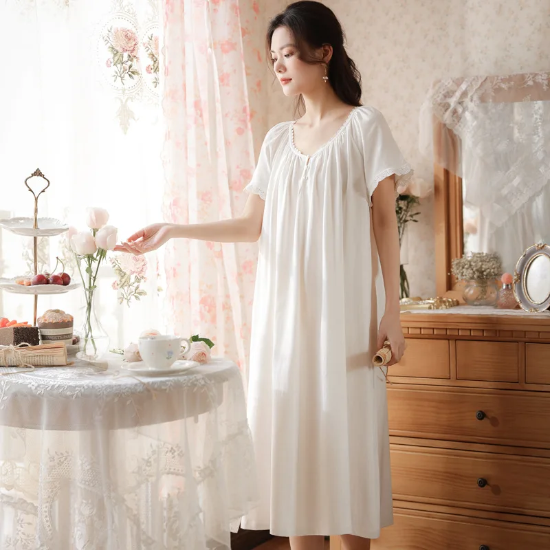 Victorian Cotton Night Dress Women Summer White Short Sleeve Long Peignoir Princess Sleepwear Vintage Nightgowns Maternity Wear