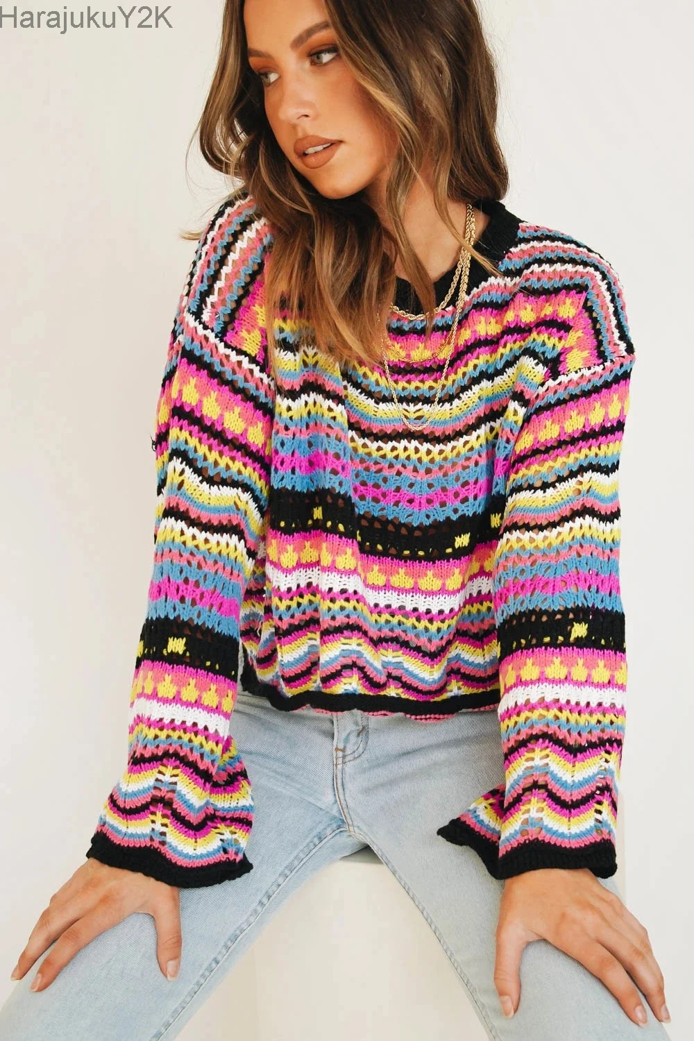 

Rainbow Sweater Autumn Winter Women Casual Round Neck Long Sleeve Loose Pullovers Lady Fashion Patchwork Knitted Striped Sweater