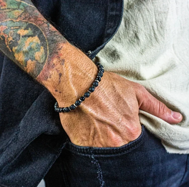 Мужской водонепроницаемый браслет из черного драгоценного камня и нержавеющей