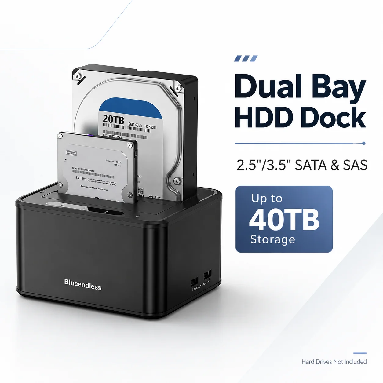 Фото Док-станция Blueendless Dual Bay для жестких дисков 2.5/3.5 дюйма SATA/SAS HDD/SSD, USB 3.2 5 Гбит/с, внешний корпус для HDD до 40 ТБ №1