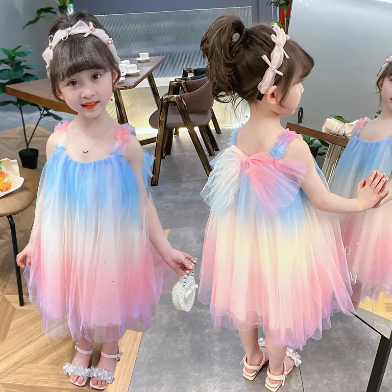 

Colorful Childhood Girls Princess Dress 2023 Summer New Baby Girl Gradient Gauze Beach Dress Fashion Children Rainbow Dress 2-6T