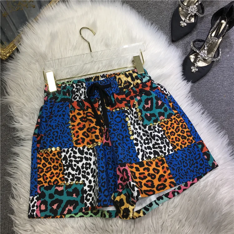 

Colorblock Beaded Sequins Women Dneim Shorts Trendy Elastic High Waist Wide Leg Hot Shorts Four Seasons Leopard Print Streetwear