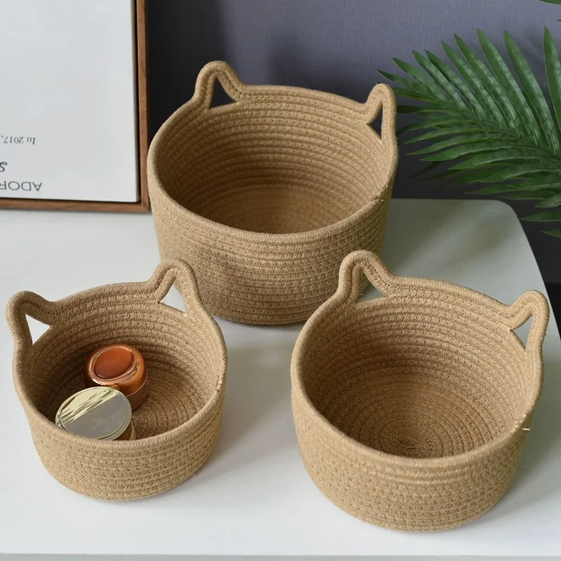 

Cat Ear Round Desktop Storage Woven Basket Sundries Storage Household Supplies