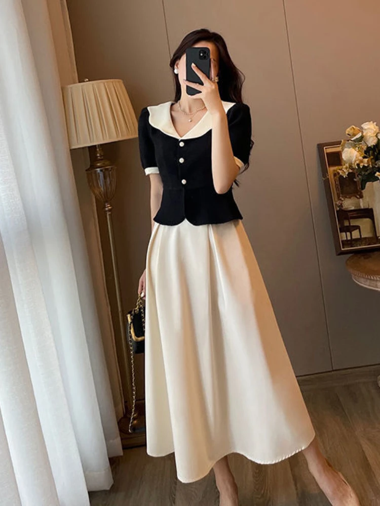 

Summer Dress Women Skirt Sets Retro Office Lady Outifits Puff Sleeve Black Top Vintage Dress French Fashion Sweet Hepburn Suit