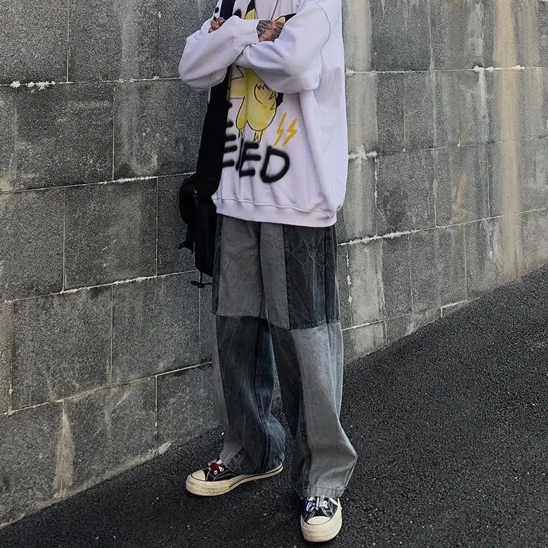 High Street Men's Jeans Spring Summer Vintage Patchwork Japanese Streetwear Casual Straight Loose Trouser Male Wide Leg Pants