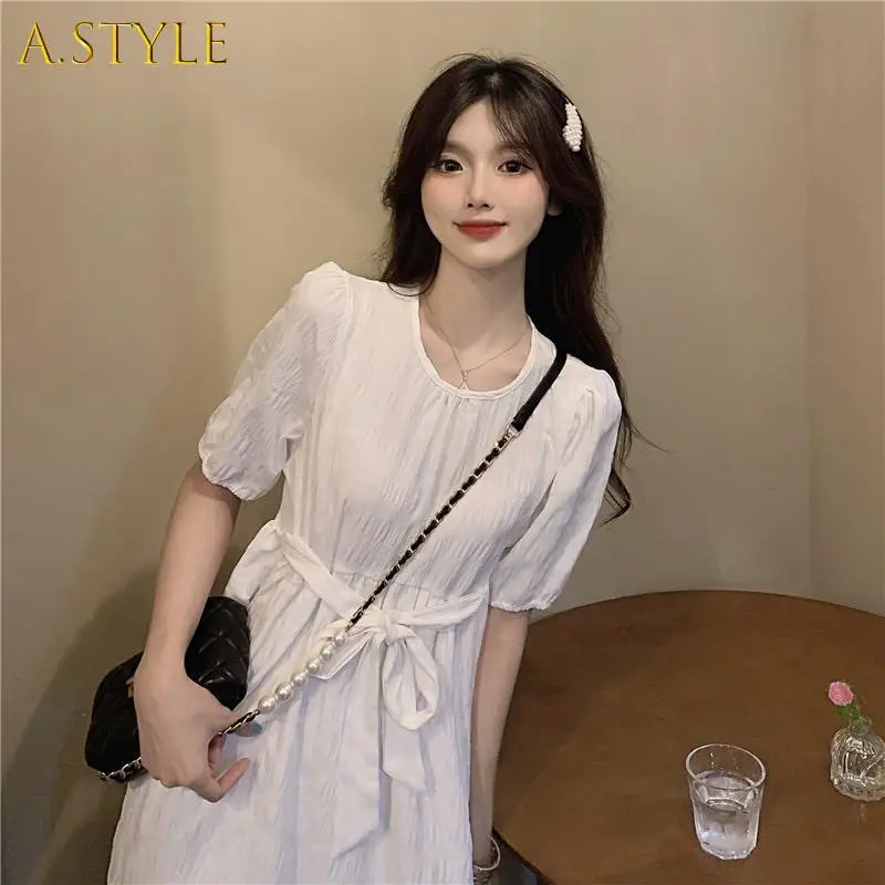 

Short Sleeve Dress Women Mid-calf Girlish Elegant Solid Holiday Belt Lovely Korean Style Retro Casual Trendy Female 2021 Newest