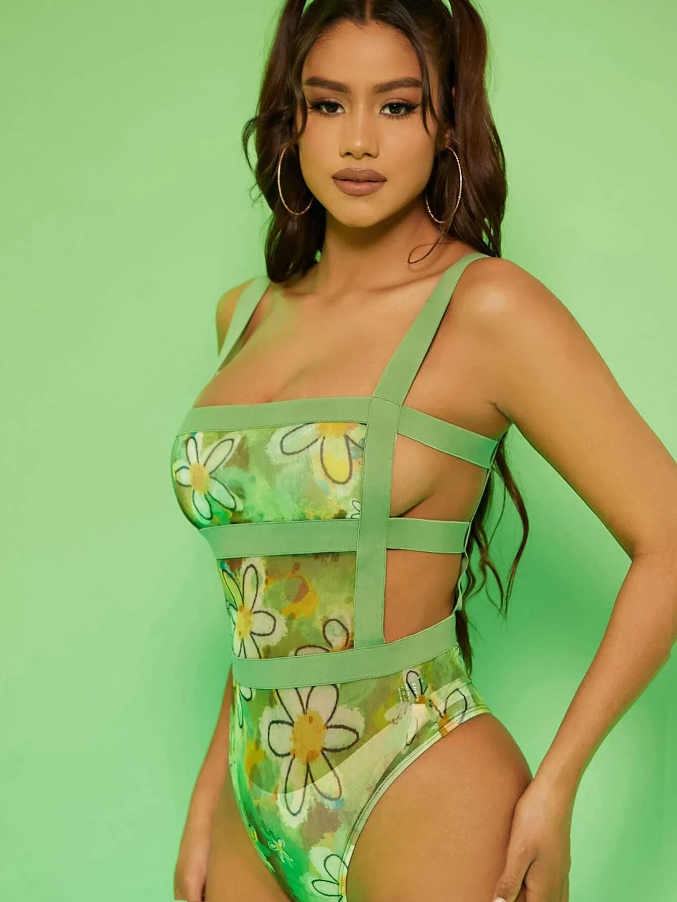 

Floral Print Cut Out Mesh Cami Bodysuit Without Panty