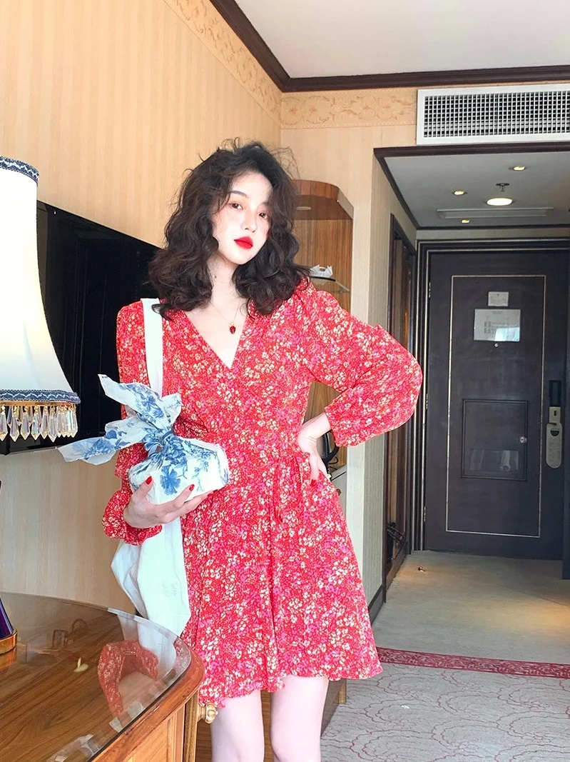 French 2023 Spring/Summer Kikyo Chiffon Short Skirt V-Neck Bubble Long Sleeve Tea Break Dress