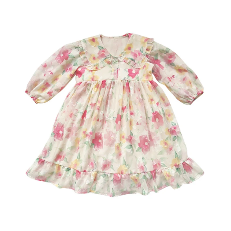 

Платье для девочек WLG, шифоновые платья с цветочным принтом и оборками, одежда для девочек, милая детская сетчатая одежда для фото