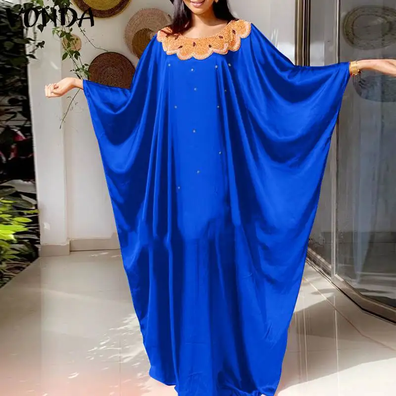

Bat-Sleeve Holiday Vestidos VONDA Casual Round Neck Printed Long Dress Oversized Fall Beach Sundress Loose Satin Slik Robes 2022