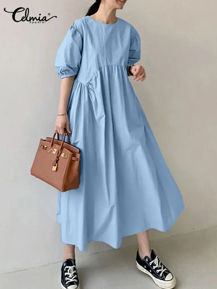 

Women Summer Robe 2022 Celmia Elegant Short Puff Sleeve Shirt Sundress Casual Loose Sweet Solid Color Pleats A-line Midi Dress