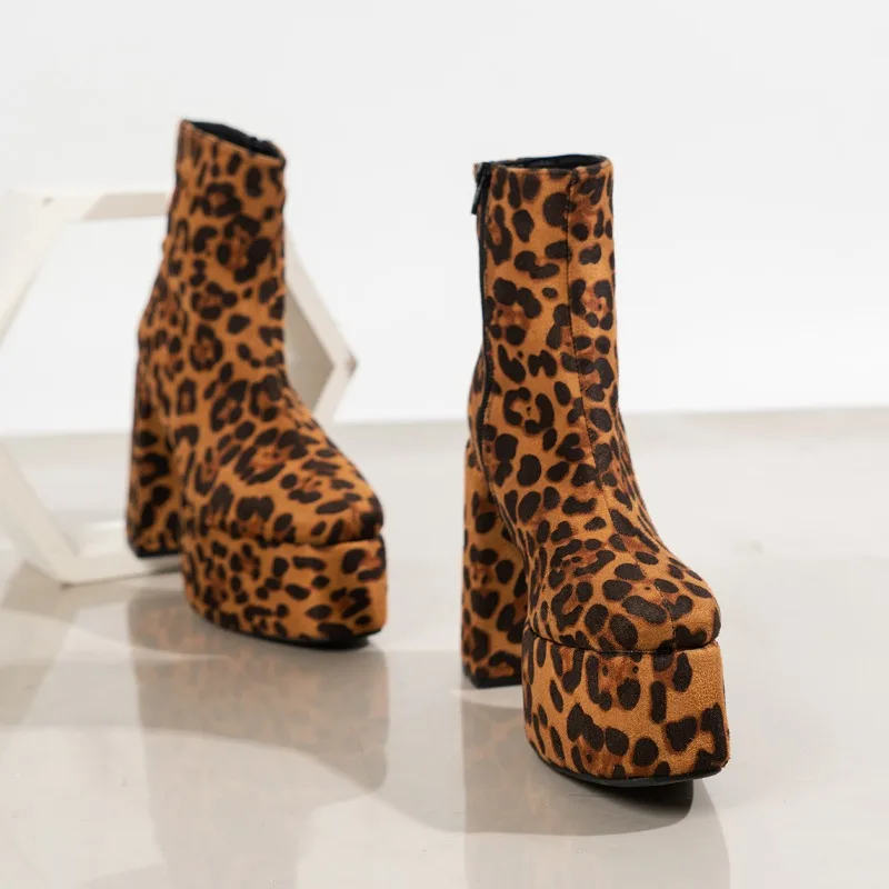 

PU Ankle Square Heel Modern Boots 2023 Hot Sale Winter Shoes Female Round Toe High Heel Leopord Women's Boots Botas De Mujer