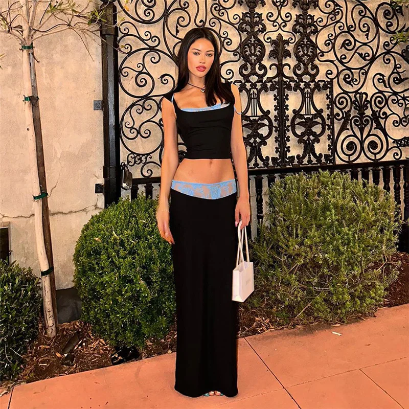 

Summer Patchwork Lace 2 Piece Skirt Sets Women Stitch Camisole Vest Y2k Tops Casual Low Waist Slim Split Long Black Skirts Suits