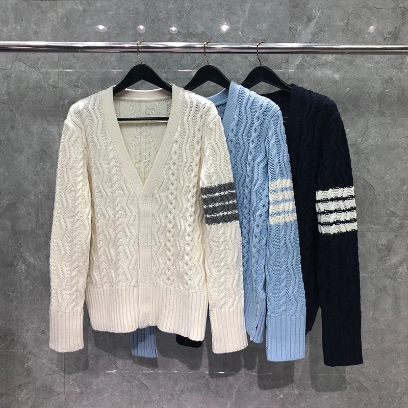 TB THOM Men's Sweater Autunm Winter Fashion Brand Coats High Merino Wool Aran Cable 4-Bar Stripe V-Neck Cardigan TB Sweaters