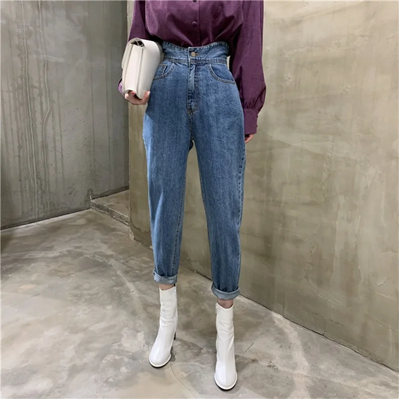 2021 New Vintage Women's High Waist Jeans Pants Button Chic Pants Female Pockets Blue Streetwear Loose Straight Denim Trousers