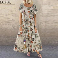 cozok 2022 summer womens floral print short sleeve round neck elegant dress dress for women
