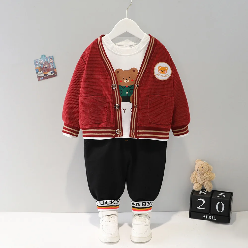 

Комплект одежды для новорожденных мальчиков, Весенняя футболка с длинным рукавом + кардиган + брюки, костюмы из трех предметов