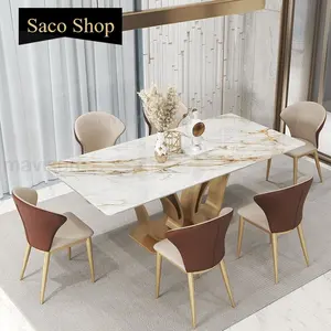 Luxury Dining Room Swan Shape Rectangular Island Table 1.8m And 6 Chairs Set Golden Creative Design Marble Home Furniture