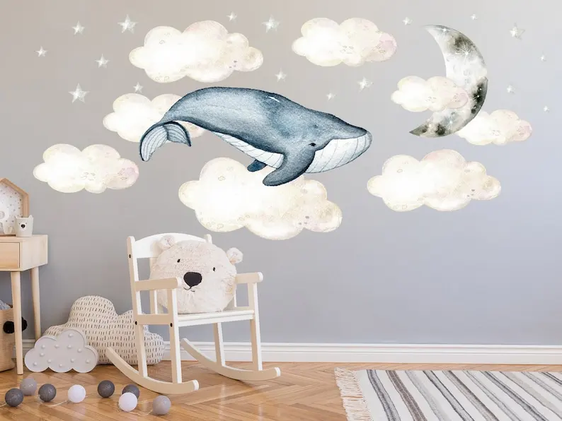 

Watercolour Whale Wall Decal Kids Nursery, Moon Clouds Stars Peel and Stick Stickers Girl and Boy Room, Toddler Above Crib Nauti