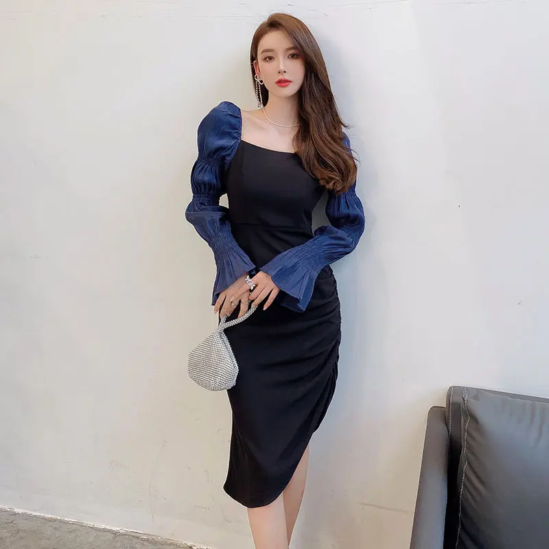 

Женское весеннее плиссированное платье COIGARSAM в французском стиле с квадратным вырезом, Черное и абрикосовое платье, Прямая поставка