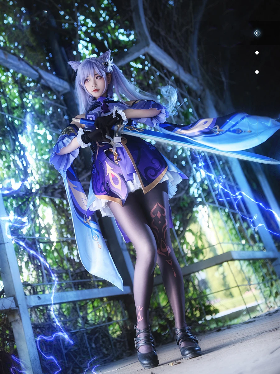 

Game Genshin Impact Keqing Cosplay Costumes Dress Female Halloween Party Skirt Stockings Necklace Headdress Accessories Suit