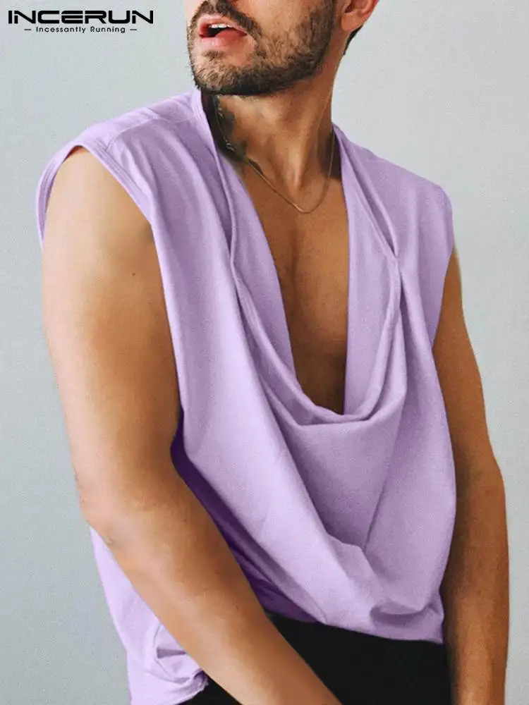 

Stylish Well Fitting New Men Tank Tops Loose Heaps Collar Sleeveless Shirts Fashion Male Solid Well Fitting Vests S-5XL INCERUN